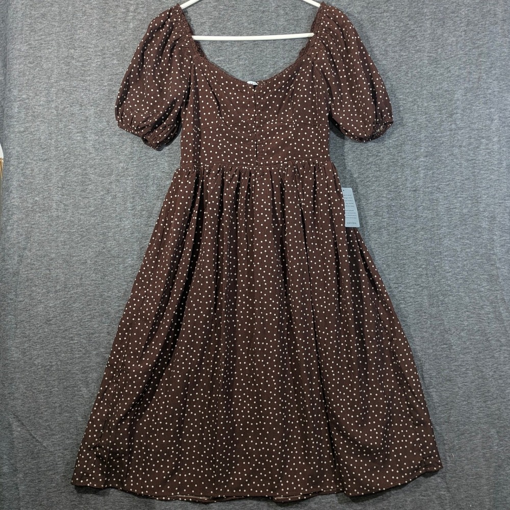 Lush Brown Polka Dot Puff Sleeve Smocked Midi Dress Sweetheart Neck Sz Small NWT